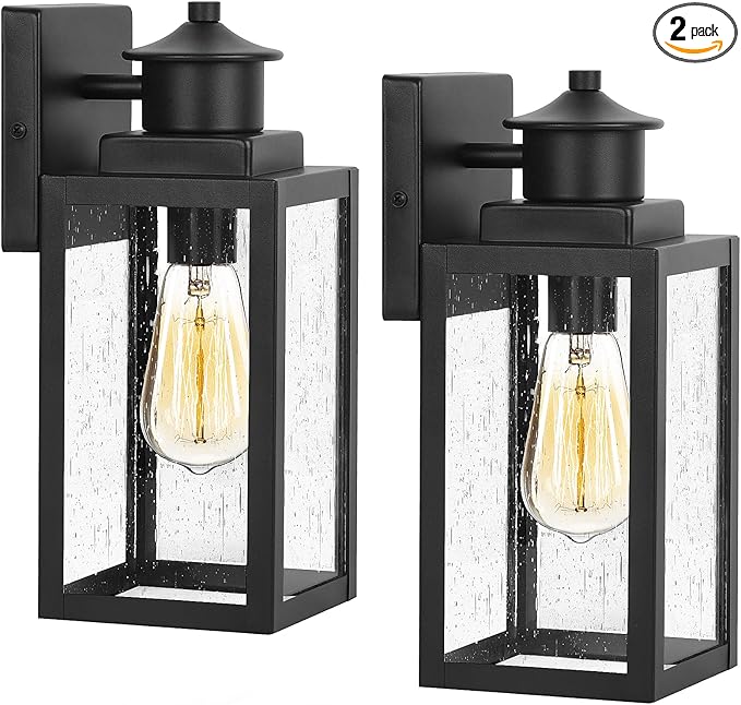 BesLowe 2-Pack Outdoor Wall Lights, Exterior Lighting Fixtures Wall Mount, Waterproof Porch Lights Outdoor Wall Sconces with Seeded Glass, Matte Black Outside Lights for House Front Door Patio Garage