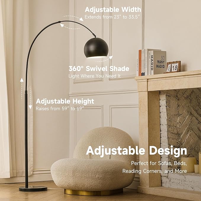 CO-Z Modern Arc Floor Lamp 69", Arch Floor Lamps with LED Bulb, Inner White Metal Shade and Marble Base, Contemporary Standing Light for Living Room Couch Sofa