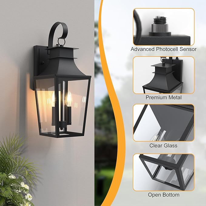 20.98-INCH Outdoor Wall Lights 2-Light, Waterproof Exterior Light Fixtures Wall Mount Outside Light with Glass, Dusk to Dawn Outdoor Wall Lantern for Porch, House, Garage, Black
