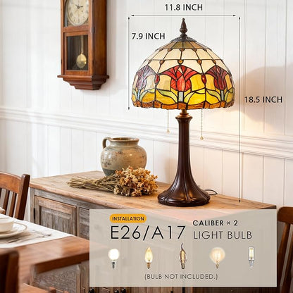 Vintage Table Lamp Stained Glass Lamp Tulip Flower Shades Bedroom Plug in Table Lamp Reading Desk Light for Bedside Living Room Office Dormitory Dining Room Decorate Gift