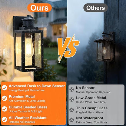 BesLowe 2-Pack Dusk to Dawn Outdoor Wall Lights, Modern Porch Lights Outdoor Sconces with Seeded Glass, Matte Black Exterior Lighting Fixtures Wall Mount, Outside Lights for House Front Door Garage