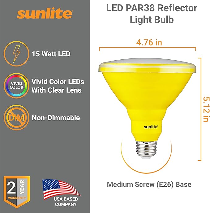 Sunlite 40243 LED PAR38 Colored Recessed Bug Bulb, 15 watt (75w Equivalent), Medium (E26) Base, Floodlight, ETL Listed, Yellow, 3 Pack