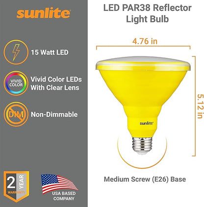 Sunlite 40243 LED PAR38 Colored Recessed Bug Bulb, 15 watt (75w Equivalent), Medium (E26) Base, Floodlight, ETL Listed, Yellow, 3 Pack