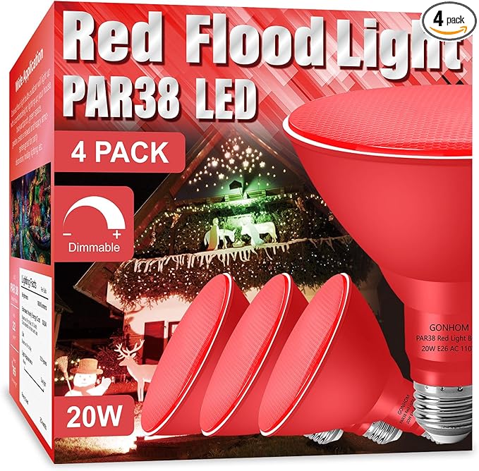 PAR38 Flood Lights Outdoor,Dimmable LED Flood Light Bulbs,20W(Equivalent to 200W),E26 Base,Outdoor Porch,Holiday Lighting,LED Flood Light Bulb for Halloween,Christmas,4 Pack Red