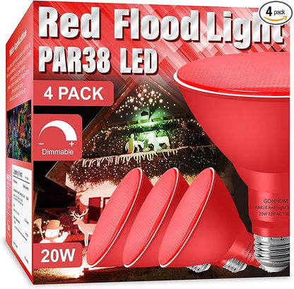 PAR38 Flood Lights Outdoor,Dimmable LED Flood Light Bulbs,20W(Equivalent to 200W),E26 Base,Outdoor Porch,Holiday Lighting,LED Flood Light Bulb for Halloween,Christmas,4 Pack Red
