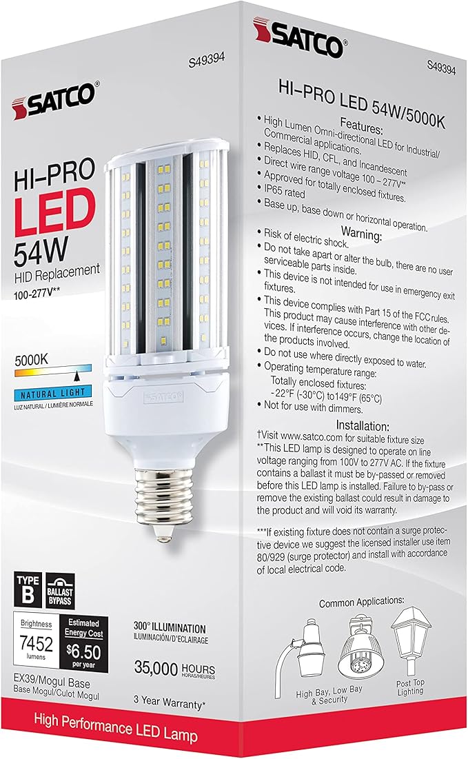 Satco S49394 Hi-Pro High Lumen LED Corncob Light Bulb, HID Replacement, 54 Watts, White