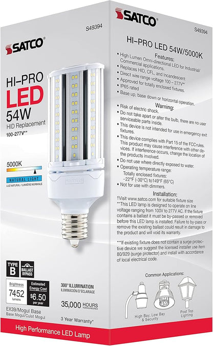 Satco S49394 Hi-Pro High Lumen LED Corncob Light Bulb, HID Replacement, 54 Watts, White
