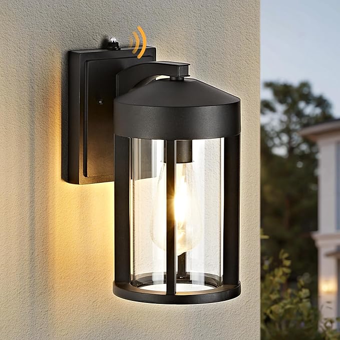 OKELI Dusk to Dawn Outdoor Wall Lights Fixture with Photocell Sensor – Modern Geometric Industrial Black Exterior Wall Sconce, Waterproof Anti-Rust Outside Porch Light for House Patio Entryway Garage