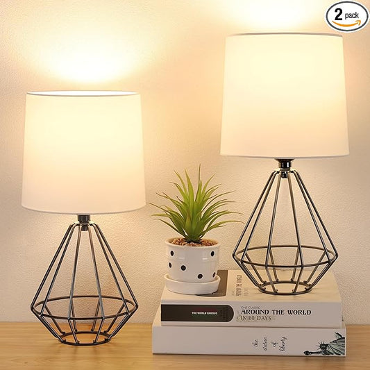 GGOYING Set of 2 Bedside Table Lamp, Black Metal Modern Lamp with White Fabric Shade, Simple Side Lamp for Living Room,Bedroom,Home,Office Working