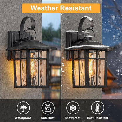 2 Pack Dusk to Dawn Outdoor Wall Lights, Aluminum Exterior Light Fixtures Wall Mount with Ripple Glass, Waterproof Black Porch Lights, Outside Wall Lantern for Entryway, Garage, Patio