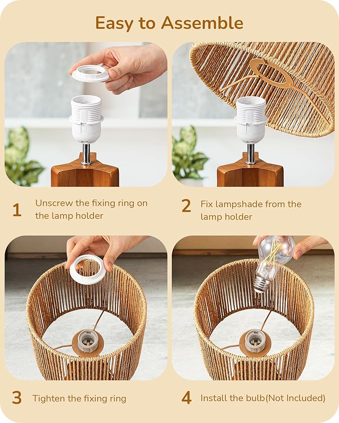 EDISHINE Small Table Lamp, Rose Wood Tripod Nightstand Lamp, Handwoven Paper Rope Shade, 14.6" Rattan Bedside Lamp for Bedroom Living Room, Office, On-Off Line Switch, E26 Base(Bulb Not Included)