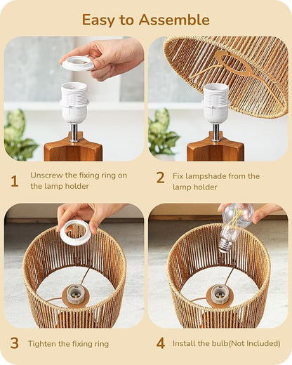 EDISHINE Small Table Lamp, Rose Wood Tripod Nightstand Lamp, Handwoven Paper Rope Shade, 14.6" Rattan Bedside Lamp for Bedroom Living Room, Office, On-Off Line Switch, E26 Base(Bulb Not Included)