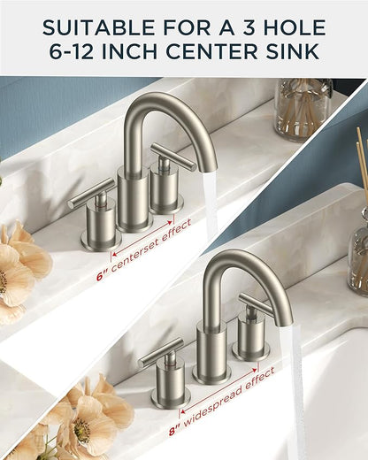 FORIOUS 2 Pack Brushed Nickel Bathroom Faucet 3 Hole with Pop Up Drain and 24" Supply Hose, 2 Handle 8 in Widespread 3 Hole Vanity Faucet for Bathroom Sink Brush Nickel with 360° Swivel Spout