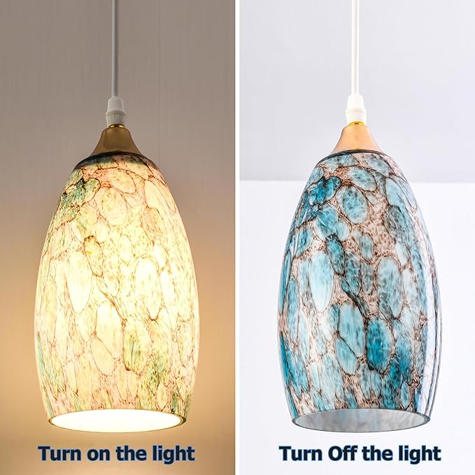 GO&SO 2 Pack Blue Glass Lamp Shade Oval Pendant Light Shade,Hand Blown Art Glass Lamp Shade Replacement,Diamater 4",Height 7.8",Fitter 1.57",for Mini Pendant Lights for Kitchen Island Chandelier Shade