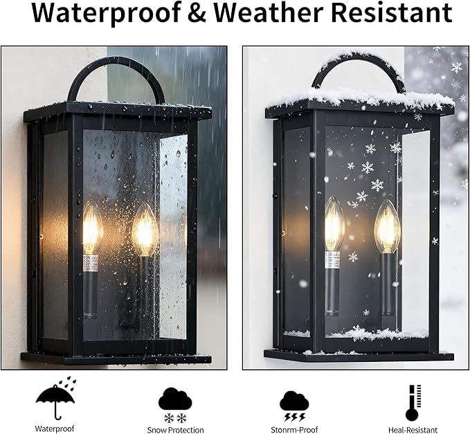 Outdoor Wall Sconce,2-Light in Black Rectangular Metal Frame and Clear Glass Shade Waterproof Porch Light Patio Light,Bulbs Not Included