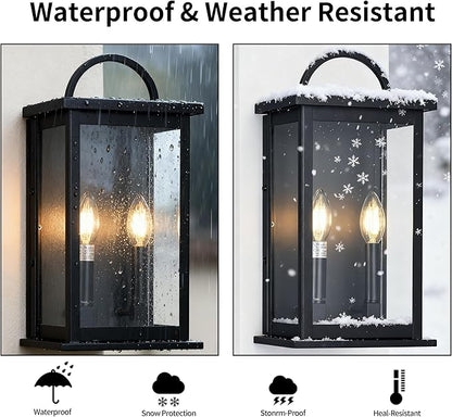 Outdoor Wall Sconce,2-Light in Black Rectangular Metal Frame and Clear Glass Shade Waterproof Porch Light Patio Light,Bulbs Not Included