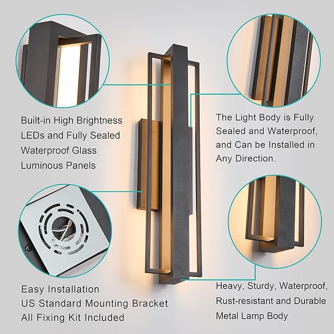 2 Pack 23-inch Modern Large Outdoor Waterproof LED Wall Light, Aluminum Linear Design, Rustproof & Corrosion-resistant, IP65 25W 3000K, Exterior Lights for Entrance, Hallway, Garage, Porch