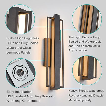2 Pack 23-inch Modern Large Outdoor Waterproof LED Wall Light, Aluminum Linear Design, Rustproof & Corrosion-resistant, IP65 25W 3000K, Exterior Lights for Entrance, Hallway, Garage, Porch
