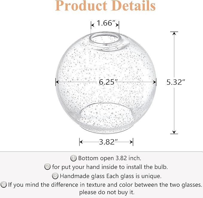 3 Pack 6.3 Inch Clear Seeded Glass Lamp Shade Pendant Ceiling Chandelier Wall Sconce Light Replacement Glass Shade Fixture Over Sink Kitchen Island