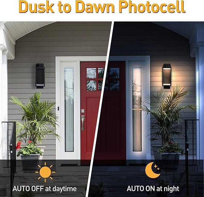 Dusk to Dawn Outdoor Wall Porch Light, 800Lm Modern Sconce 3000K, LED Matte Black Exterior Fixtures, Mounted Patio Lamps, Waterproof for Garage Walkway Backyard Garden