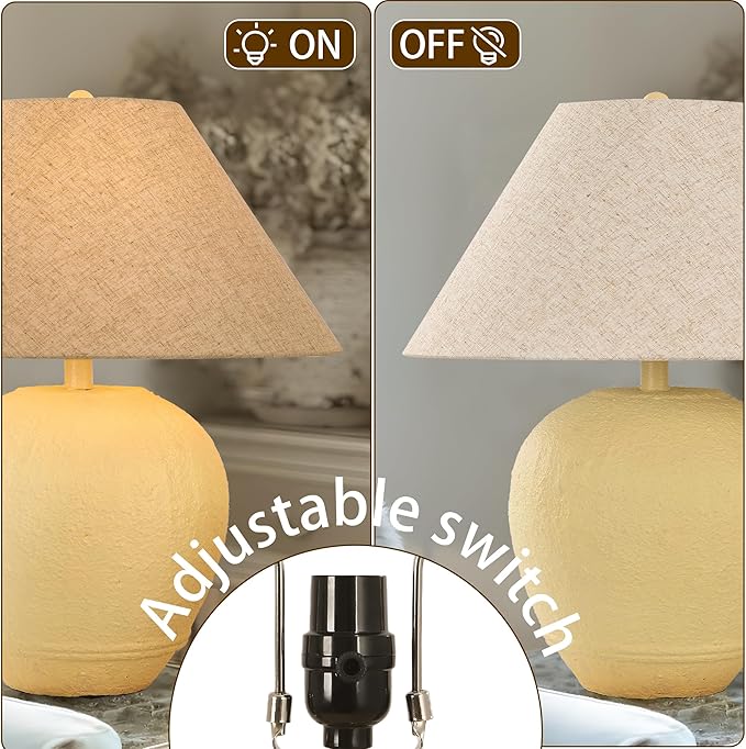 Farmhouse Ceramic Table Lamp, 21" Rustic Table Lamp with Linen Shade, 3-Way Dimmable Bedside Nightstand Lamps for Bedroom, Living Room, E26 Socket, Cream