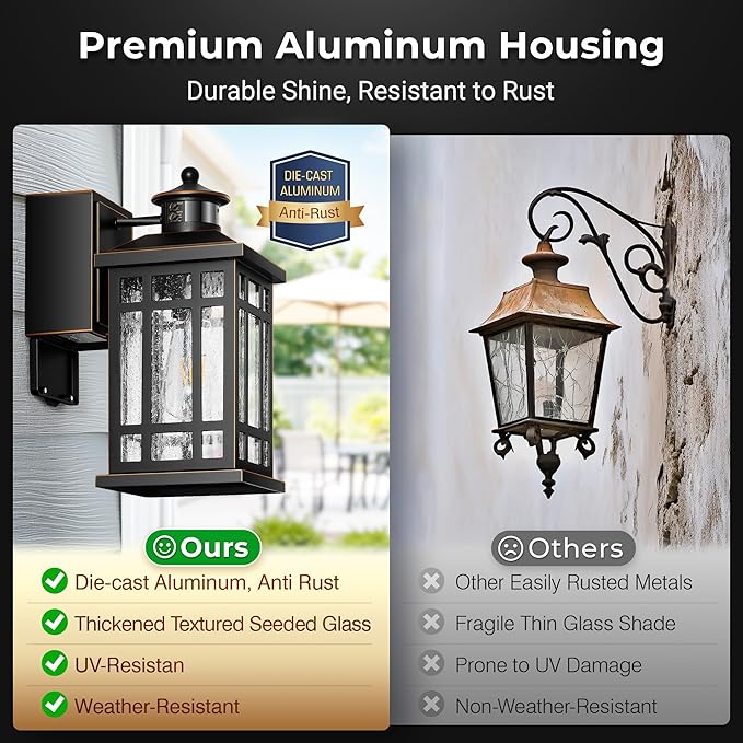 Outdoor Wall Lighting with GFCI Outlet, Modern Black Exterior Light Fixtures with Gold Trim, Aluminum Anti-Rust Outside Lights for House, Porch, Garage, Adjustable Sensitivity & Brightness