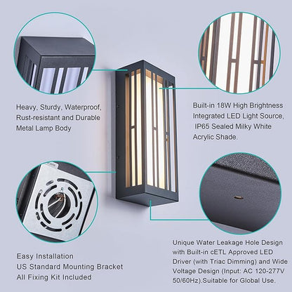 Outdoor Wall Lights, IP65 Waterproof & Anti-Rust, 1700 Lumens LED Porch Light, Triac Dimming, Textured Black Metal with White Acrylic Shade & UV Rated,Wall Mount for Patio, Entryway