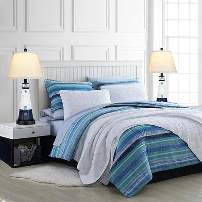 WIHTU Modern Lighthouse Table Lamps Set of 2, White Navy Blue Bedside Nautical Table Lamp, Nautical Style Resin Reading Lights for Bedroom Livingroom, Bulbs Included