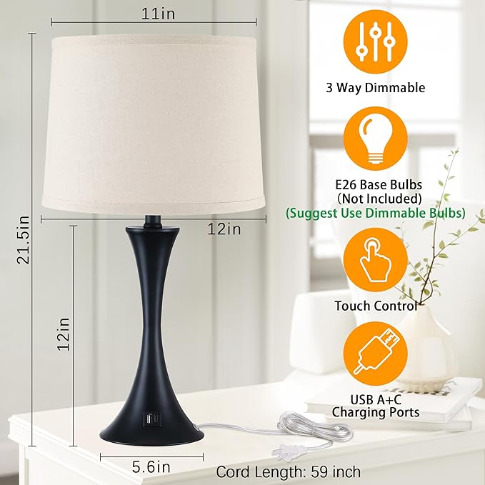 LIT-PaTH Table Lamp for Bedroom Nightstand Set of 2, Bedside Lamps with 3 Way Dimmable Touch Control and USB C+A Charging Ports, Linen Shade Desk Light for Living Room, Black (LED Bulb Not Included)
