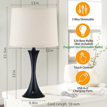 LIT-PaTH Table Lamp for Bedroom Nightstand Set of 2, Bedside Lamps with 3 Way Dimmable Touch Control and USB C+A Charging Ports, Linen Shade Desk Light for Living Room, Black (LED Bulb Not Included)