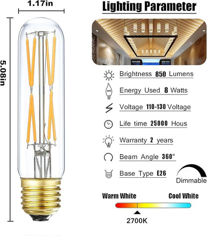 XININSUN T10 Led Bulb, 8W Dimmable Led Tubular Bulbs, 75-100 Watt Equivalent,850lm, Clear Glass, E26 Base Lamp Bulb, for Cabinet Display Cabinet etc. (2700K Warm White, 6-Pack)