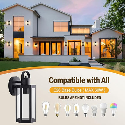 2 Pack Exterior Lighting Fixtures, Outdoor Wall Light with Clear Glass, Black Outside Front Porch Waterproof Sconce Lights Matte Wall Mount Lamp Modern Lanterns for House Patio Door Garage