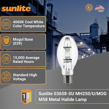 Sunlite MH250/U/MOG M58 Metal Halide Lamp, 250 Watts, Mogul Base (E39), ED28, 15,000 Hour Life Span, 21000 Lumen, Clear Finish, 4000K, 2 Pack