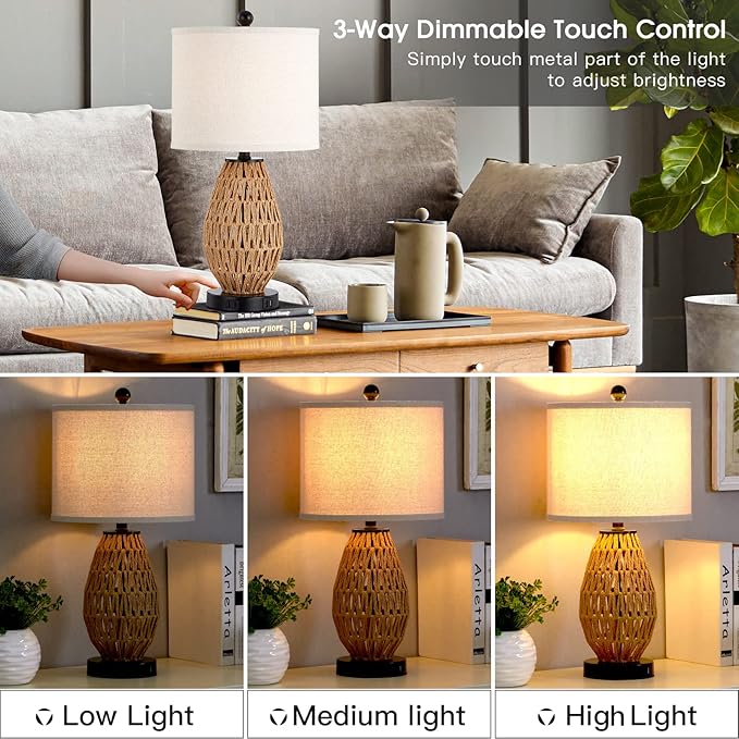 Touch Control Rattan Table Lamps, 3 Way Dimmable Bedside Lamps for Bedroom Set of 2 with 2 USB Ports and AC Outlet, Wicker Nightstand Lamps for Living Room (LED Bulbs Included), Rattan