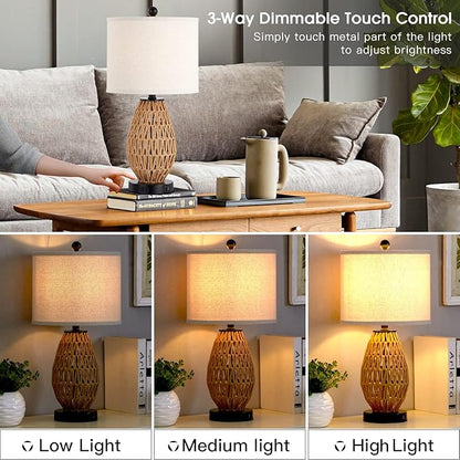 Touch Control Rattan Table Lamps, 3 Way Dimmable Bedside Lamps for Bedroom Set of 2 with 2 USB Ports and AC Outlet, Wicker Nightstand Lamps for Living Room (LED Bulbs Included), Rattan