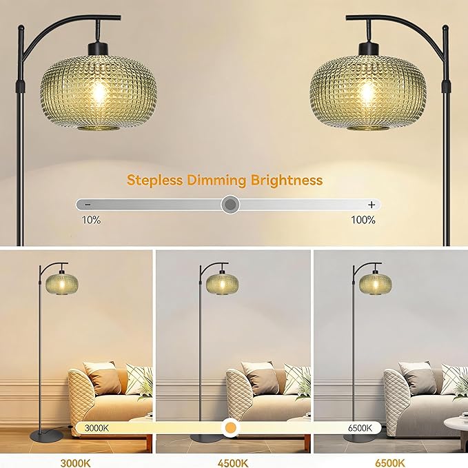 Floor Lamp for Living Room,Bedroom,Mid Century Modern Standing Lamp with Remote,Dimmable Brass Tall Lamp Dark Green Glass Lamp Vintage Retro Arc Floor Lamps Floor Light Boho Bohemian