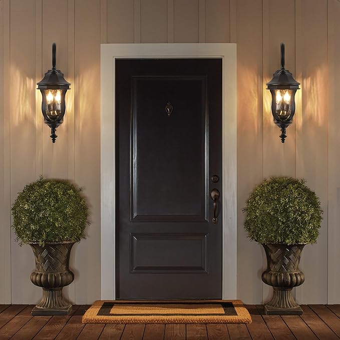 Outdoor Wall Sconces, Black Outdoor Porch Lights, 22.8" H Large Exterior Wall Lanterns, Waterproof Exterior Lighting Fixtures with Water Glass for Patio Garage Doorway