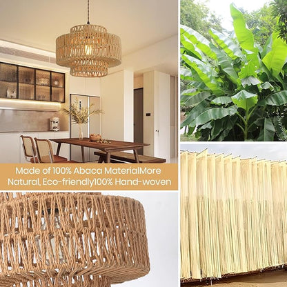 Boho Rattan Lamp Shades for Pendant Light Chandelier Floor Lamps Replacement,Rustic 3-Tier Drum Lamp Shade with Hand-Woven Rattan for Living Room Kitchen Dining Room Office Hotel.