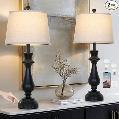 Modern Black Table Lamps Set of 2 for Living Room,30" Tall Bedside Lamp with USB Charging Port,3-Way Dimmable Touch Nightstand Lamp for Bedroom Desk Side Table Office,Black