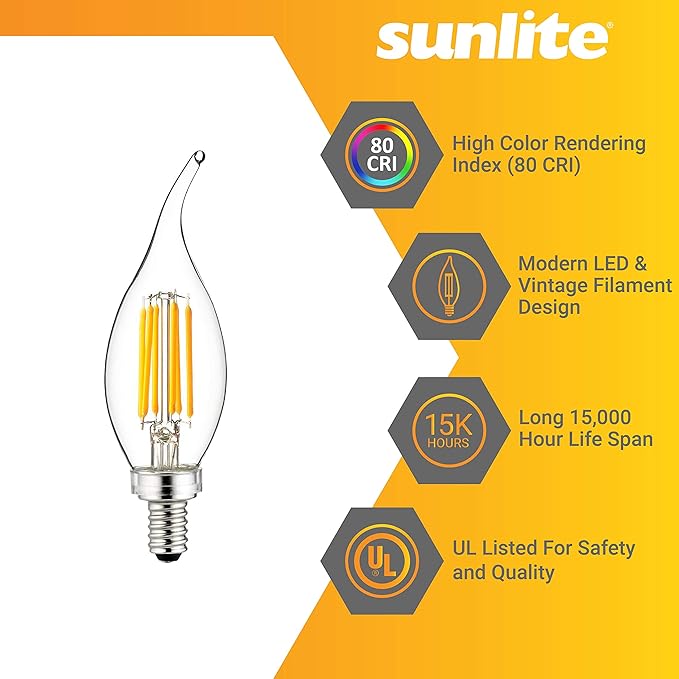 Sunlite LED Filament Chandelier Light Bulb with Flame Tip, UL Listed, 5 Watts (60W Equivalent), Candelabra Base (E12), Clear, Dimmable, 2700K Soft White, 12 Count