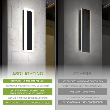 ASD LED 24" Long Wall Mount Light Fixture, Outdoor & Indoor Linear Sconce | 3CCT, Dimmable, Waterproof, Anti-Rust, ETL Listed | 24W 2000LM 3000-5000K 100-277V | Exterior Porch Lighting | Black