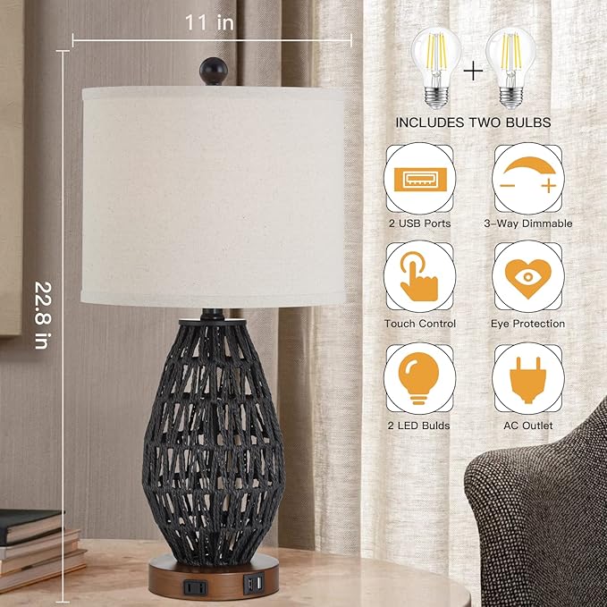 Touch Control Rattan Table Lamps, 3 Way Dimmable Bedside Lamps for Bedroom Set of 2 with 2 USB Ports and AC Outlet, Wicker Nightstand Lamps for Living Room (LED Bulbs Included), Black