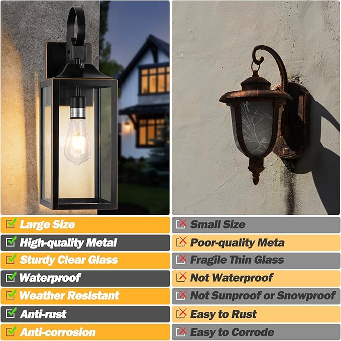 19" Dusk to Dawn Outdoor Lighting 2 Pack, Large Dusk to Dawn Outdoor Wall Lights, Black Sensor Porch Lights Outdoor Exterior Lighting Fixtures Wall Mount for House Garage -with Gold Trim