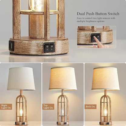 Table Lamps for Living Room End Table Set of 2 - Rustic Farmhouse Bedside Lamps for Bedroom Nightstand with Nightlight and USB A+C, 4 Bulbs Included