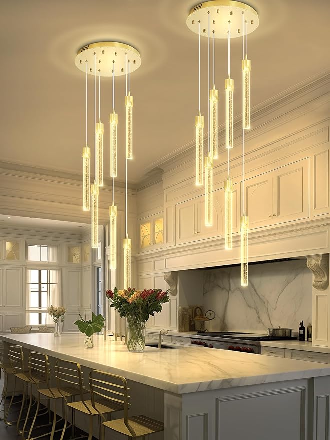 8-Light Led Chandelier, Gold Crystal Modern Led Chandelier for Dining Room, Luxury Enterway Led Dimmable Pendant Lights Fixture with Remote Control Flush Mount