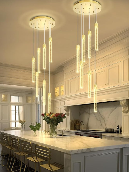 8-Light Led Chandelier, Gold Crystal Modern Led Chandelier for Dining Room, Luxury Enterway Led Dimmable Pendant Lights Fixture with Remote Control Flush Mount