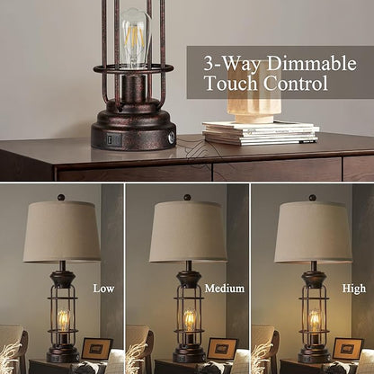 Table Lamps for Living Room Set of 2, 28" Tall Farmhouse Table Lamp with USB C+A Ports, Bedroom Lamps for Nightstand with White Oatmeal Lampshade, 4 Bulbs Included