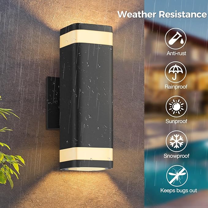 RAYVO Dusk to Dawn Outdoor Wall Lights 2 Pack, Modern Up and Down Exterior Lighting Fixtures with Sensor, Waterproof Aluminum Wall Sconce for Porch Garage Patio, LED Bulbs Included, Black Finish