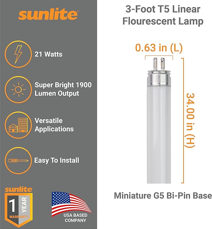 Sunlite 30320 F21T5/835 3 Foot T5 Linear Fluorescent Lamp, 21 Watts, 1900 Lumens, 3500K Neutral White, Miniature G5 Bi-Pin Base, ROHS Compliant, High Performance Straight Tube, 40 Pack