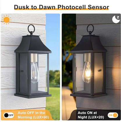 Dusk to Dawn Outdoor Wall Lantern, Modern 15" Outside Wall Sconce, Black Outdoor Light Fixture with Glass, Waterproof Exterior Lamp for House Porch Patio